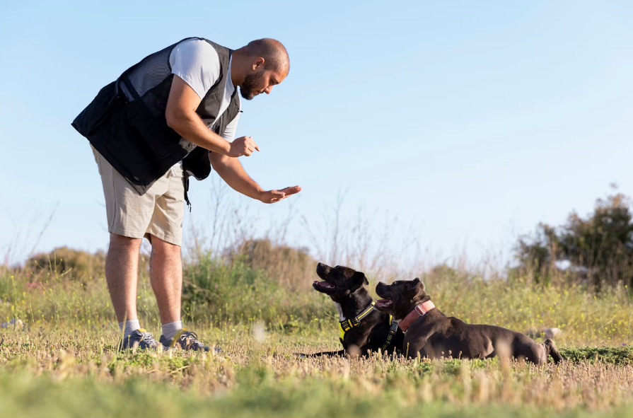 Educador canino trabajando con dos perros